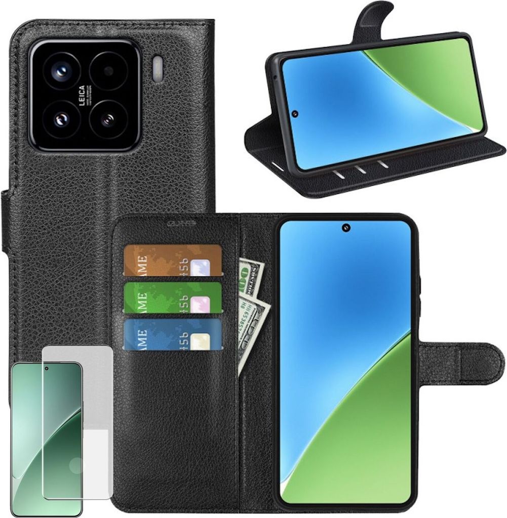 Für Xiaomi 15 Pro Handy Tasche Schwarz Etuis Kunst-Leder Hülle Case + 4D Curved H9 Hart Glas