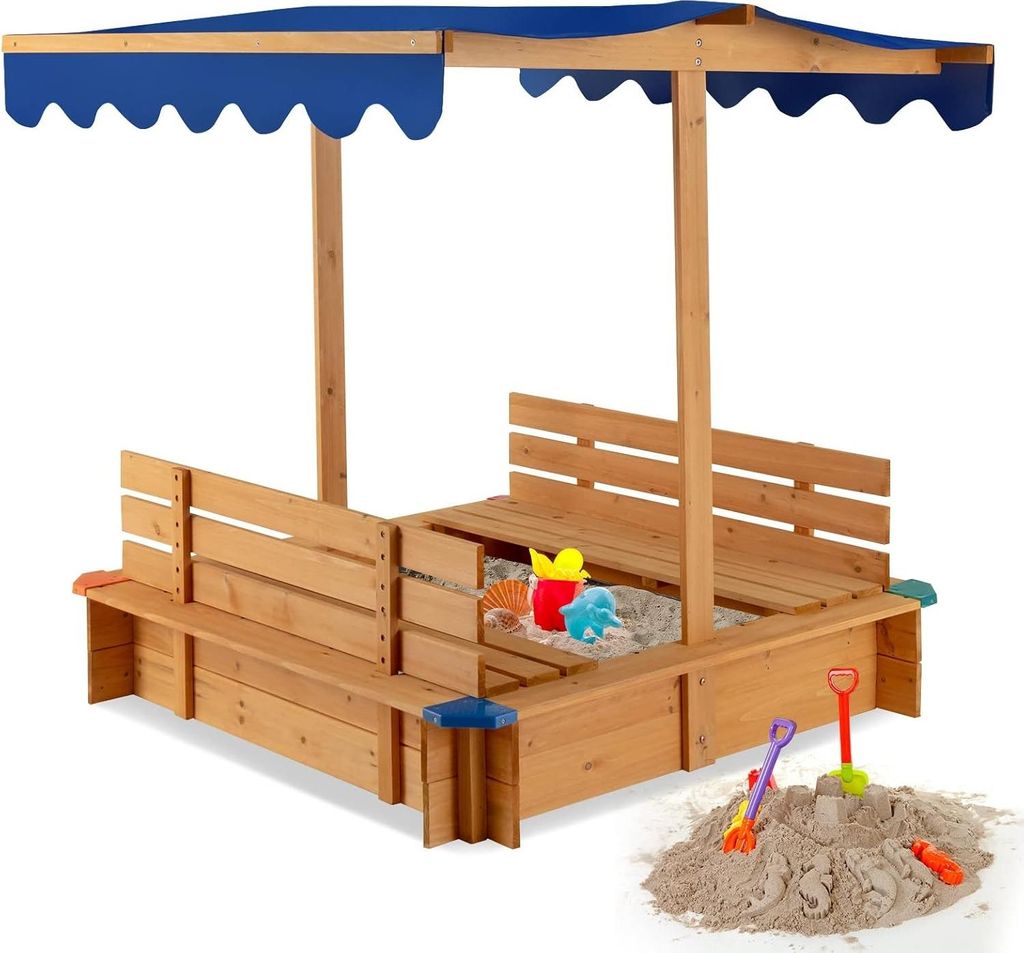 GOPLUS Sandkasten Kinder mit Sonnendach, Outdoor Sandkiste aus Zedernholz mit Überdachung, 2 abnehmbaren Sitzbänken & offenem Boden mit Einlage