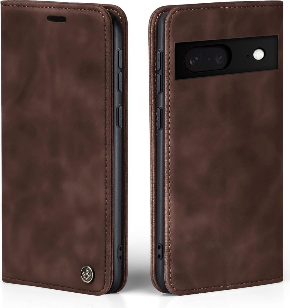 A brown flip case for a Google Pixel 8 phone is shown from two angles.