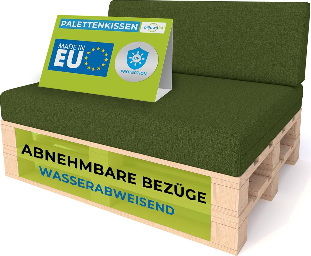 Pillows24 - Palettenkissen mit abnehmbarem Bezug - 2ER SET | Polster für Europaletten 120x80 Sofa - Wasserfest - Outdoor/Indoor | Grün