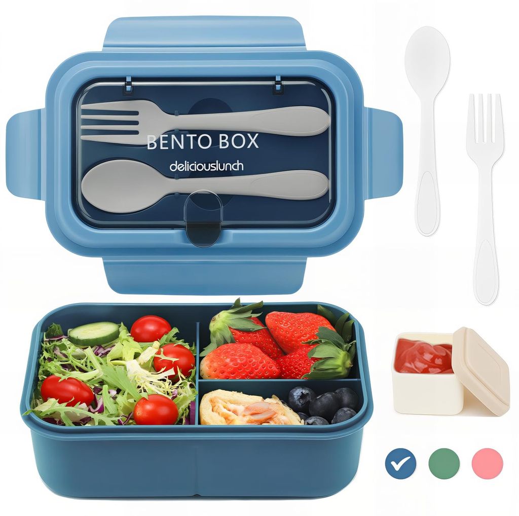 Kinder-Lunchbox 1200 ml, auslaufsichere Lunchbox mit 3 Fächern, Bento-Box für Erwachsene mit Besteck, Snack-/Frühstücksbox für Kleinkinder und...