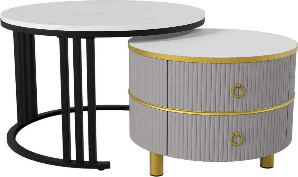Table basse moderne en verre marron et gris avec double tiroir