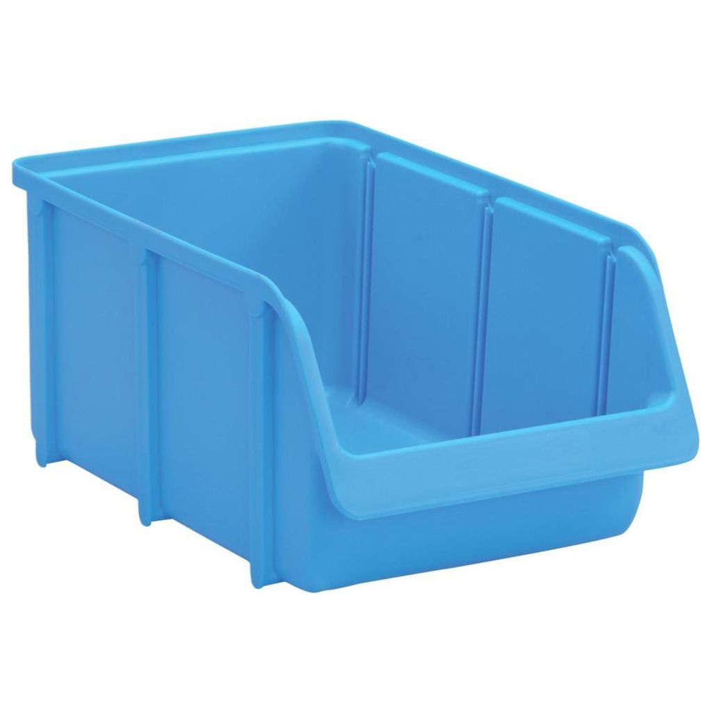 A blue plastic storage bin is shown against a white background.