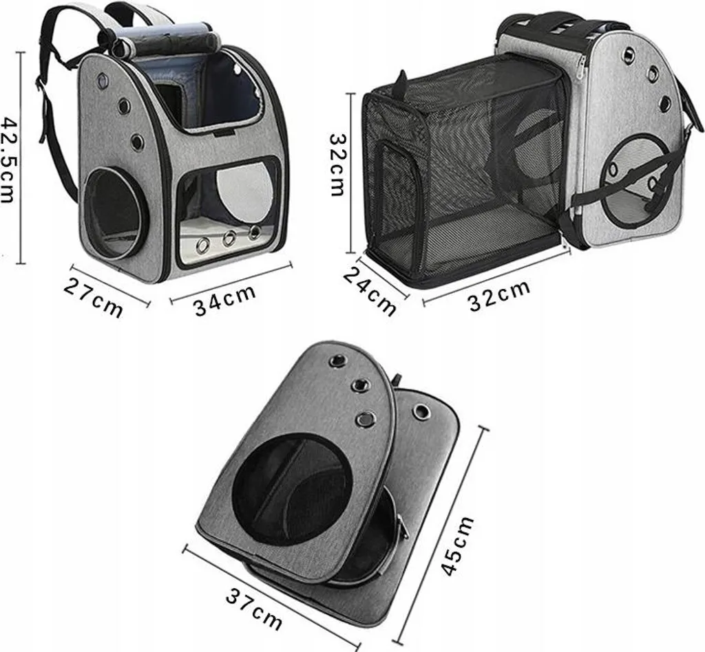 Sac de voyage 3 en 1 pour chien et chat, gris, avec brosse pour 10kg max - 3