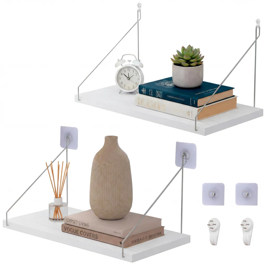 Étagère murale sans perçage lot de 2 en bois et métal blanc