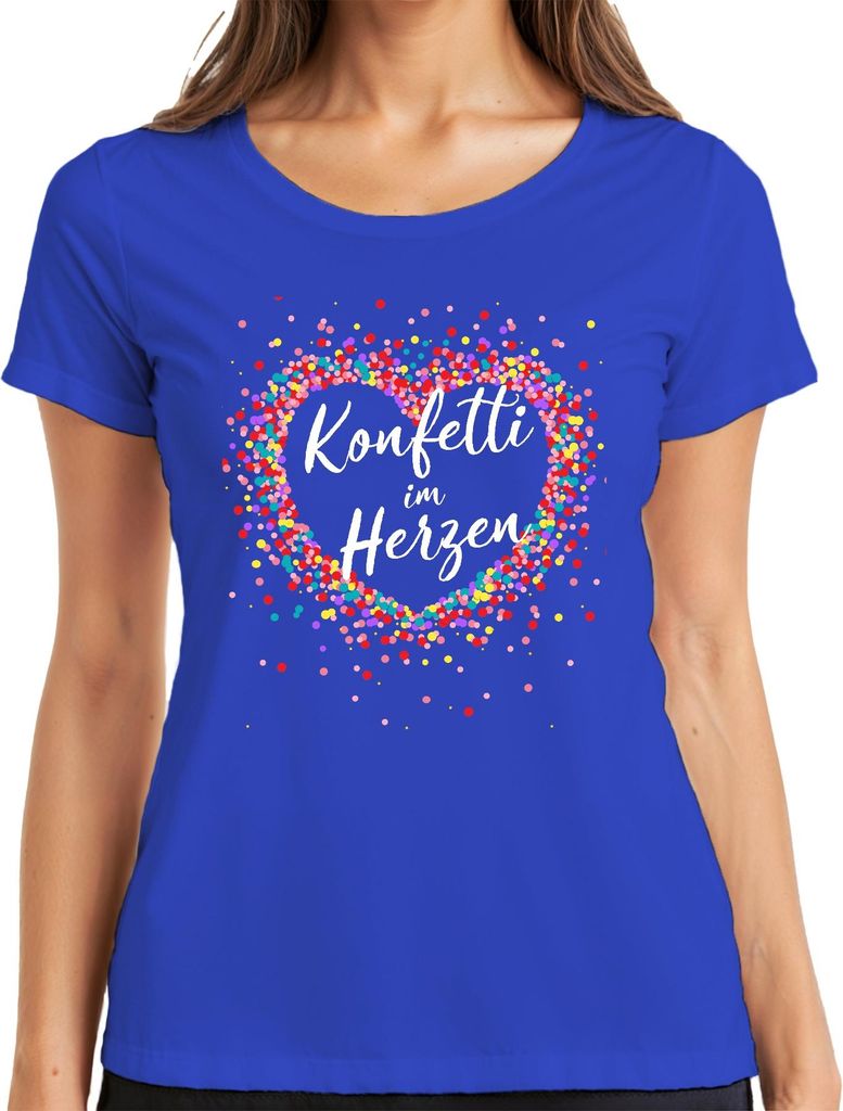 Konfetti im Herzen bunt Herz Geburtstag Karneval Fasching Fastnacht Damen T-Shirt, Blau, L