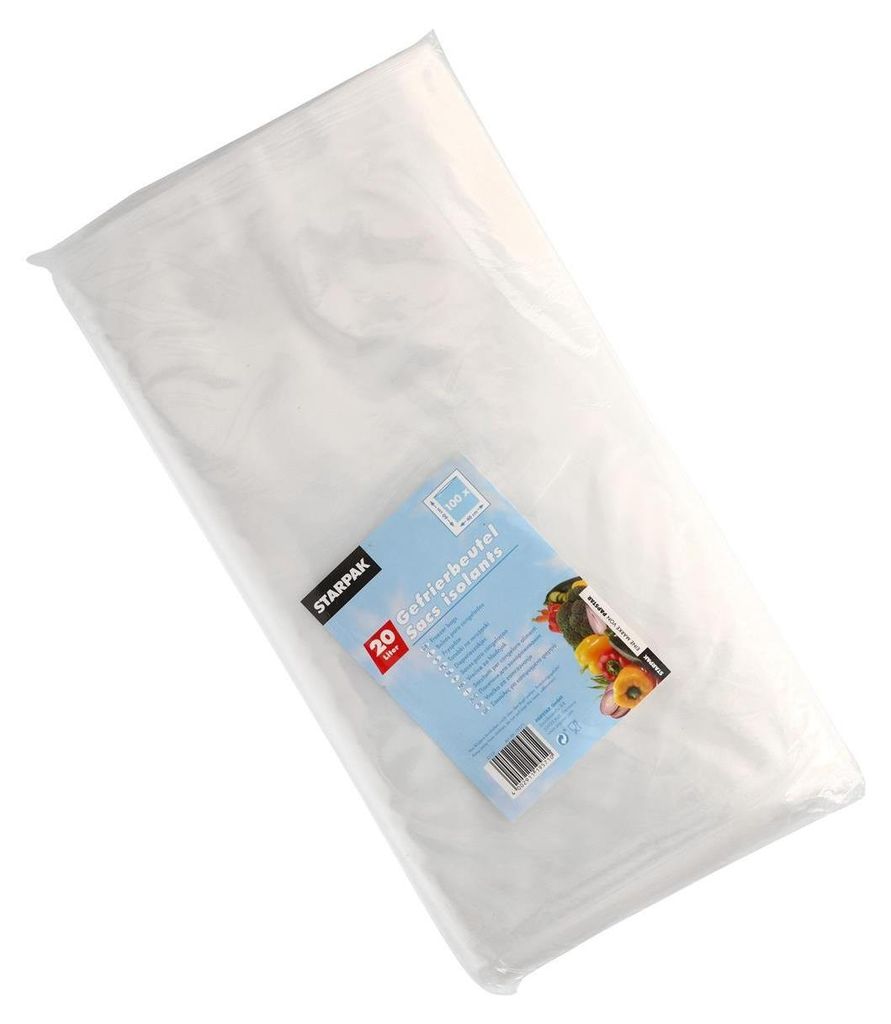 A clear, professional shot of a package of transparent freezer bags against a white background.