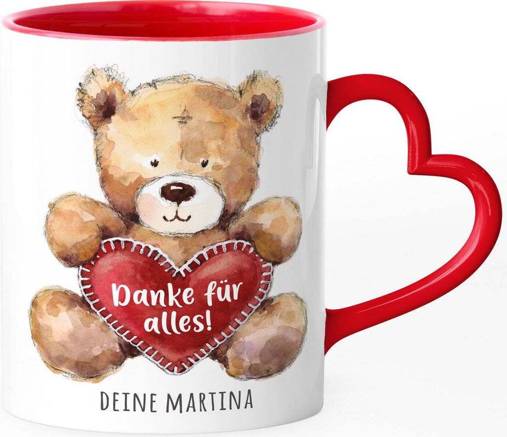 Tasse Herz-Henkel Geschenk Teddy Motiv optional personalisierbar Danke sagen Trost spenden Mut machen SpecialMe Danke für alles Herz-Tasse rot H...