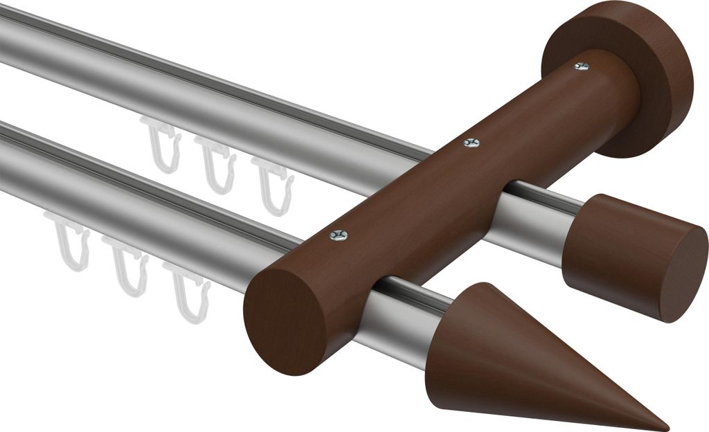 Interdeco Innenlaufstange / Gardinenstange mit Innenlauf Silbergrau / Nussbaum lackiert, Typ Talent Siveo (Kegel), 20 mm Ø 2-läufig, 540 cm