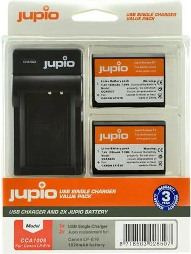 Set Jupio 2x Batteries LP-E10 1020 mAh et Chargeur USB pour Canon EOS