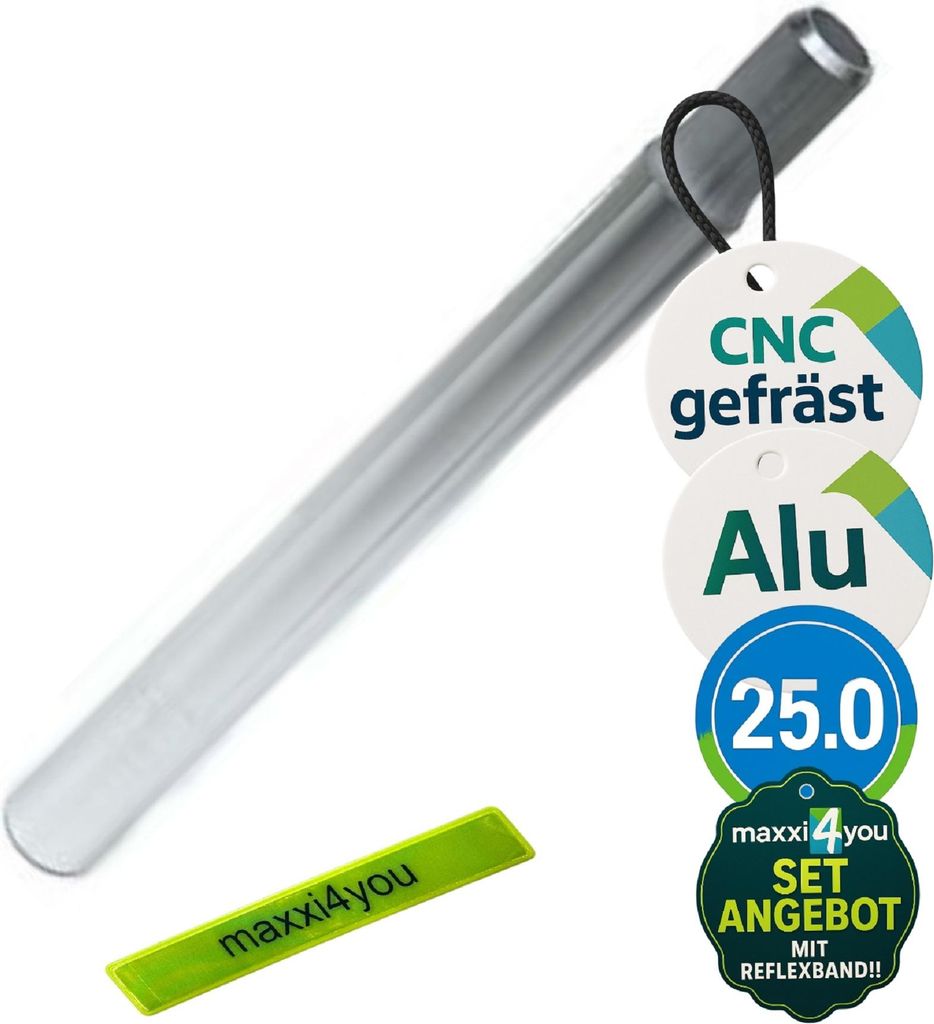 Alu Fahrrad Kerzensattelstütze Ø 25,0 mm/ Länge 300 mm in silber inkl. maxxi4you Reflexband