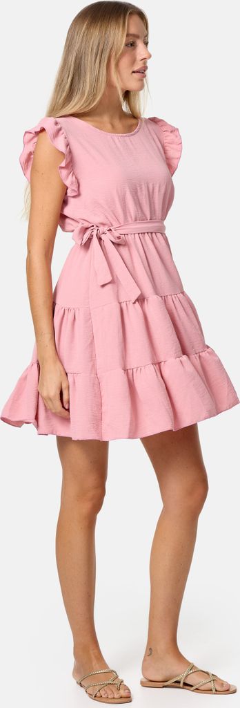 PM SELECTED Feminines Damen Mini Rüschenkleid mit Gürtel, Rundhalsausschnitt und Flügelärmeln PM27 Rosa Einheitsgröße Gr. 34 - 38