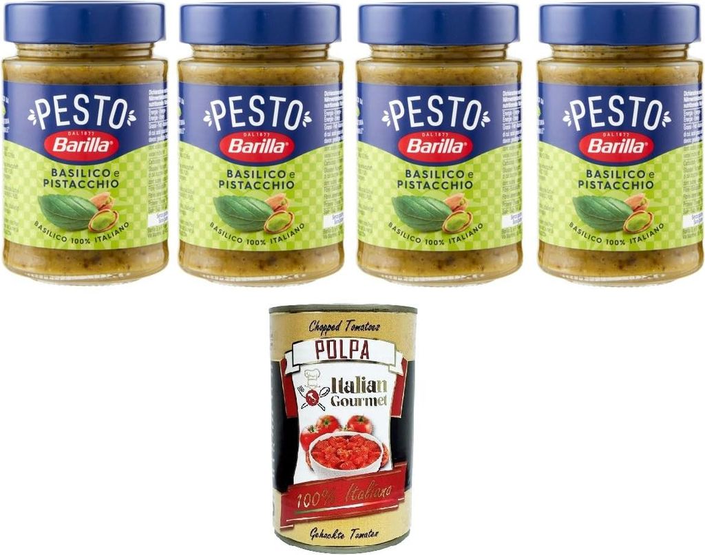 Barilla Pesto Basilico e Pistacchio Condimento e Sugo per Pasta Basilikum-Pistazien-Pesto-Gewürz und Pastasauce 4x190 g+ Italian Gourmet polpa 400g