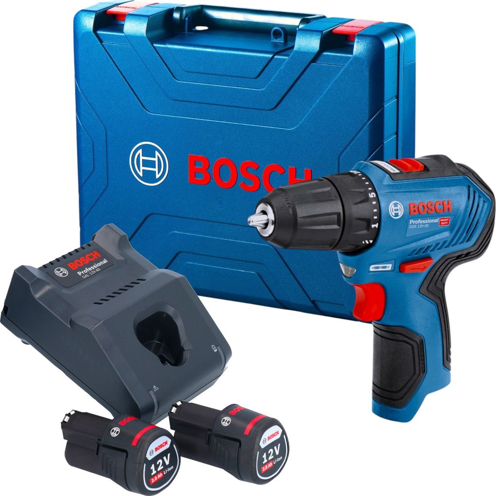 Bosch GSR 12V-30 Professional Akku Bohrschrauber 12 V 30 Nm Brushless ( 06019G9000 ) + 2x Akku 2,0 Ah + Ladegerät + Koffer