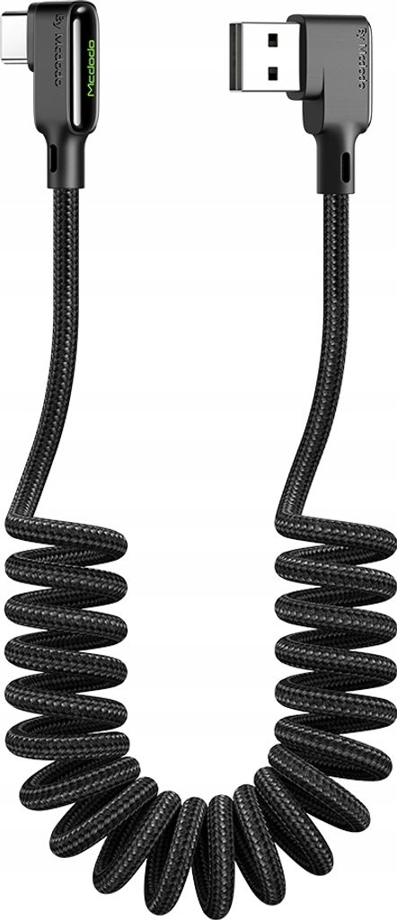A black coiled USB-C to USB-A cable with angled connectors.