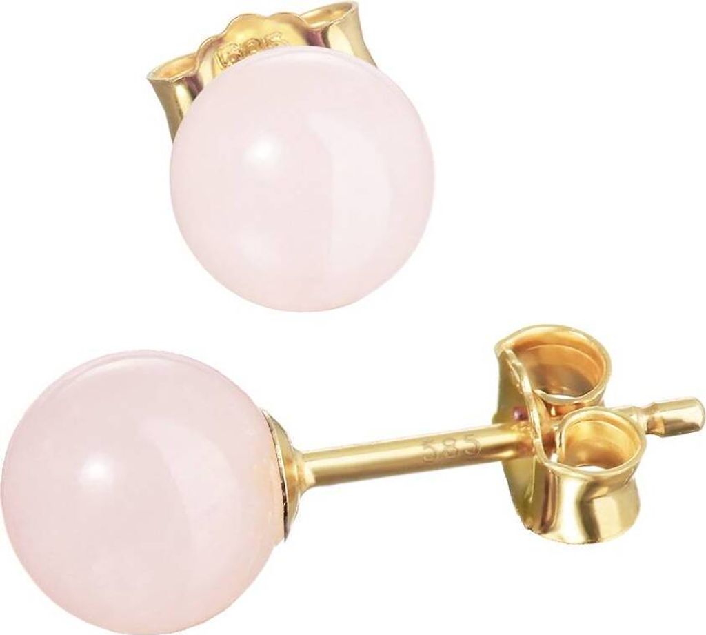 Paar Echt Rosenquarz Kugel Ohrstecker 6mm Gelbgold 585 14 Karat Gold Ohrringe