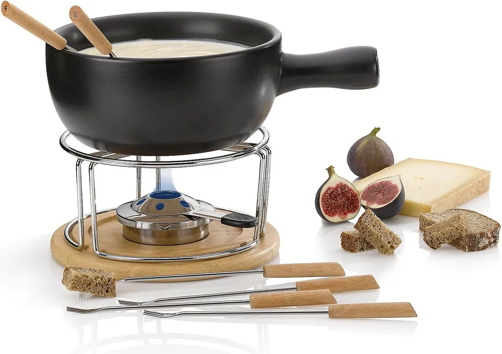 Service à fondue 10 pièces Natura en céramique noire et bois véritable