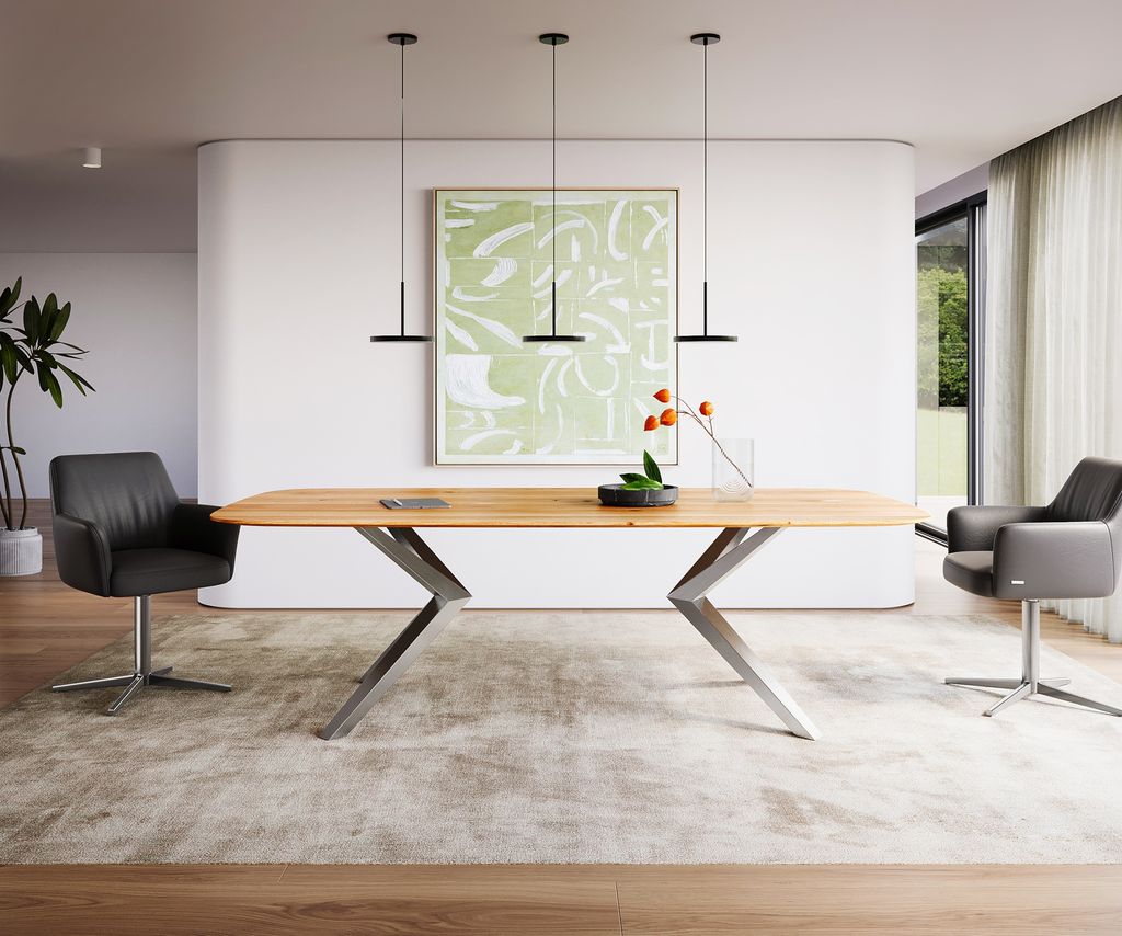 DELIFE Esstisch Edge Boot 240x120x2,5-3 Eiche Natur Zenthara kantig Edelstahl Schweizer Kante