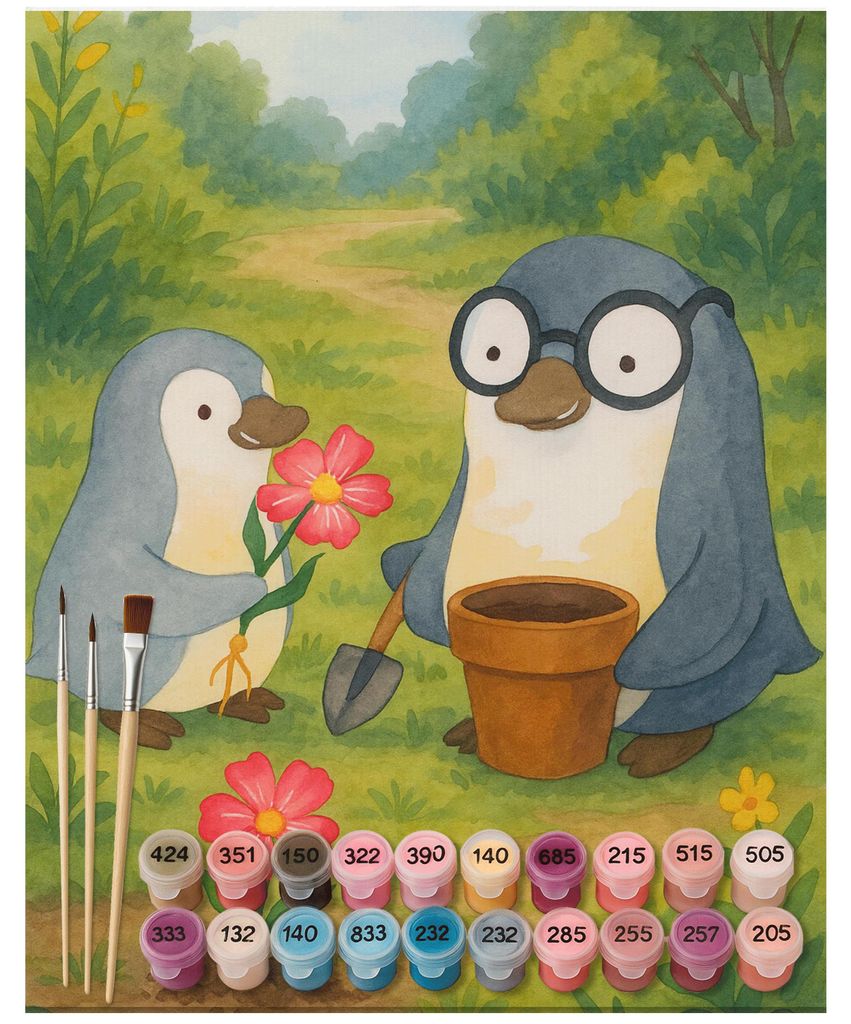 Mr. & Mrs. Panda Malen nach Zahlen Pinguin Opa Blumen pflanzen Design 40 x 50 cm Mit Rahmen - Weiß - Geschenk, Gärtner, malset, Leinwand, Muttert...