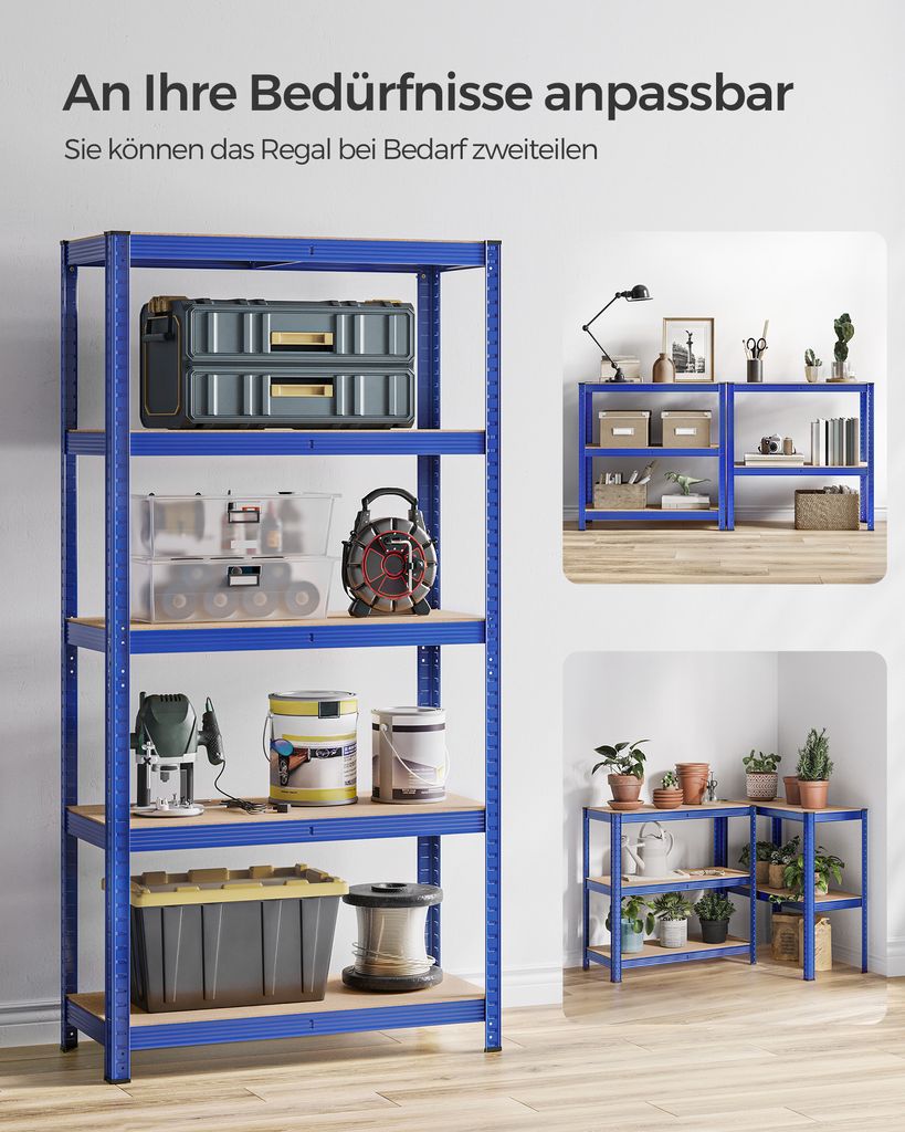 SONGMICS Lagerregal mit 5 verstellbaren Ablagen, 180 x 90 x 40 cm, bis 875 kg belastbar, Schwerlastregal, Kellerregal, Regal aus Metall, blau GLR04...