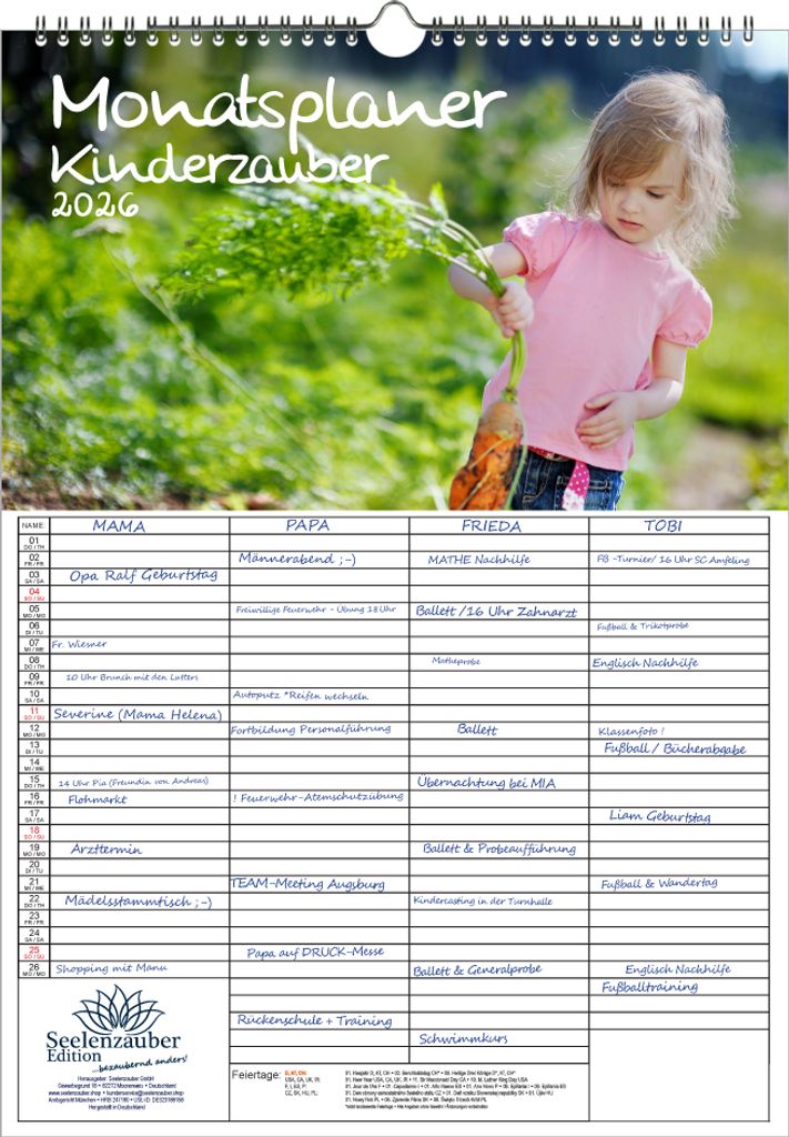 Kinderzauber Planer Familienplaner 4 Spaltenplaner DIN A3 Kalender für 2026 Kinder - Seelenzauber