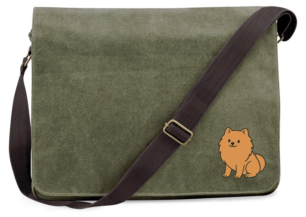 Huuraa Umhängetasche Zwergspitz Comic Pomeranian 14 Liter Military Green Canvas Laptoptasche Geschenkidee