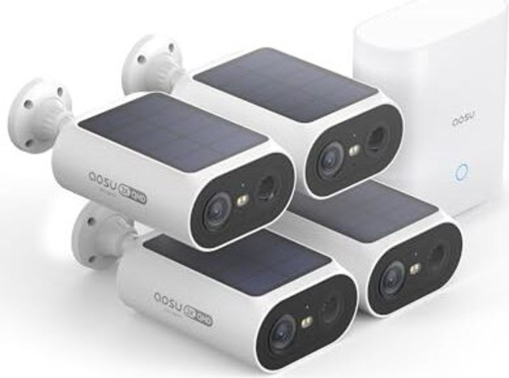 AOSU 2K Überwachungskamera Aussen Solar Akku 4 Cam-Kit mit Station Integrierte Solarplatte 0 Gebühr 32GB Lokaler Speicher AI Personerkennung Lich...