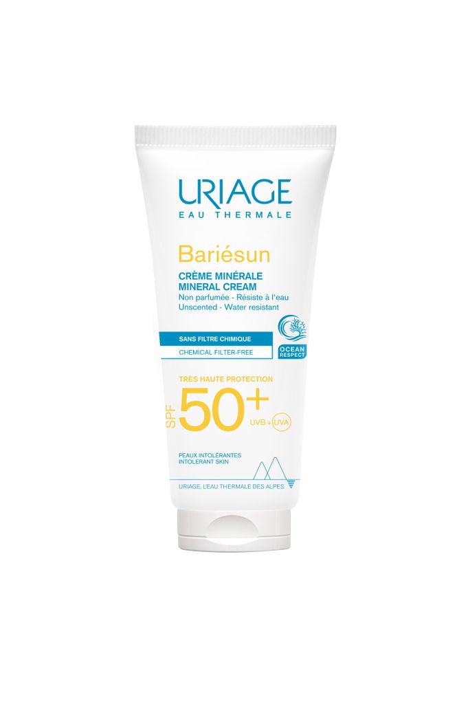 A white tube of Uriage Bariésun Mineral Cream SPF50+ against a white background.