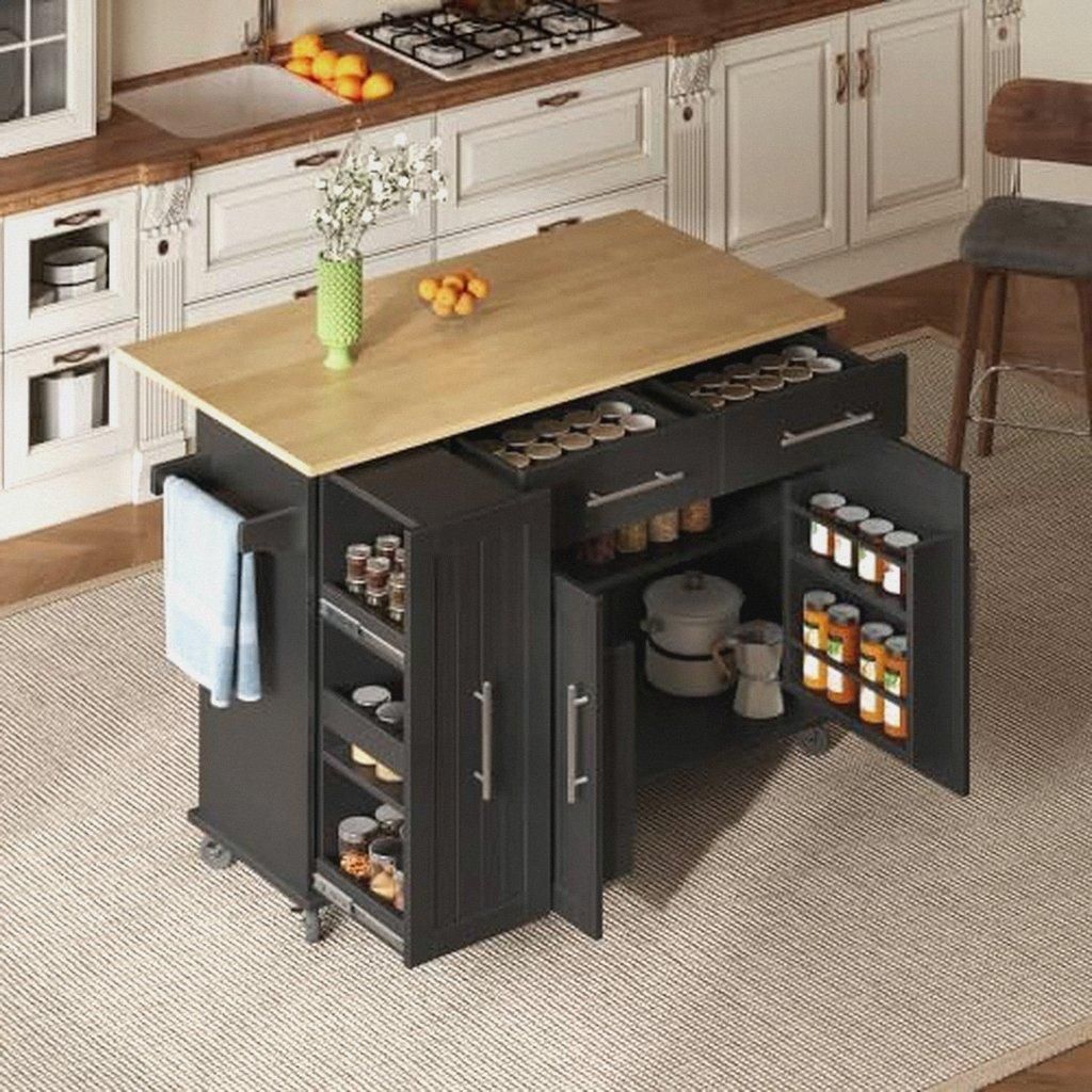 Kücheninsel mit Drop Leaf, Mobile Küchenwagen mit 3 Tier Pull-Out Storage, Handtuchhalter, 2 Schubladen, Schwarzer Stauraumwagen für Küche, Ess...