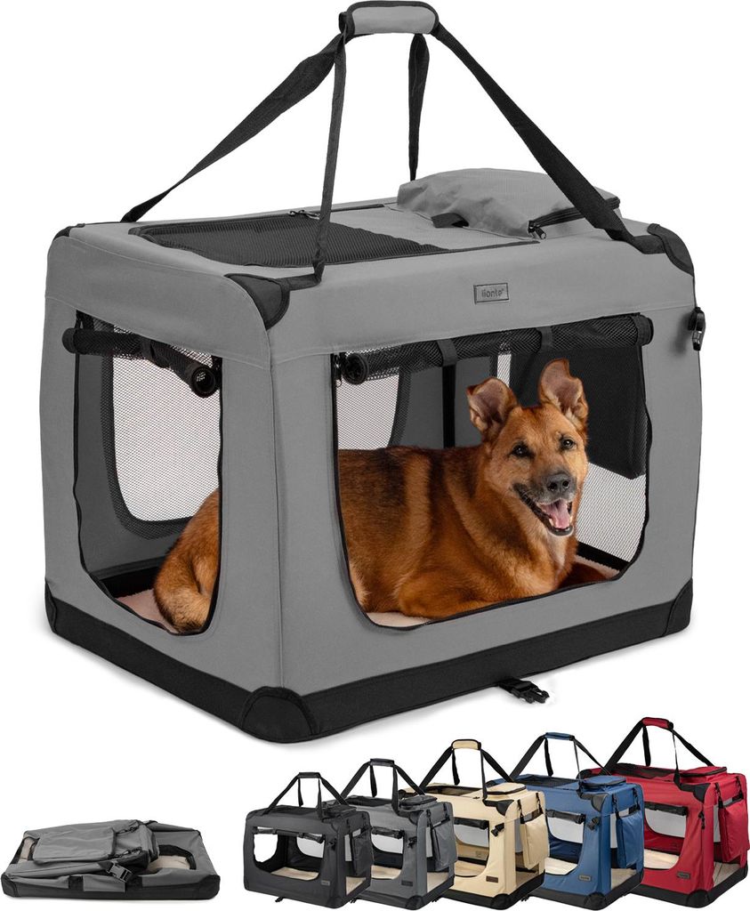 lionto Hundetransportbox faltbar, stabile Stoffbox mit Mesh-Einsätzen, ideal für Auto, Reise & Tierarzt, 82x58x58 cm, grau