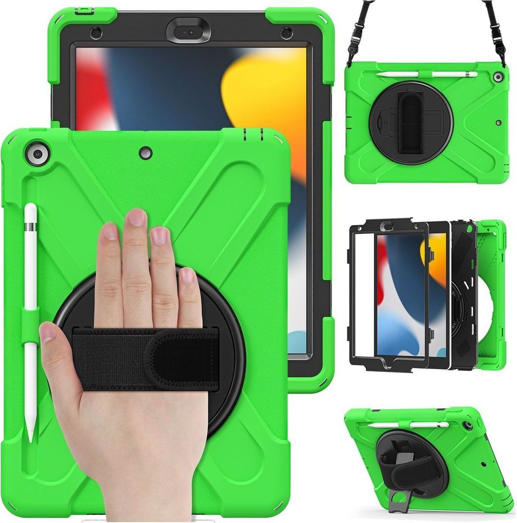 Mobigear SureGrip XGuard iPad 7 (2019) Hülle Kunststoff,Silikon Backcover + Stifthalter + Schulterträger + Ständer - Grün