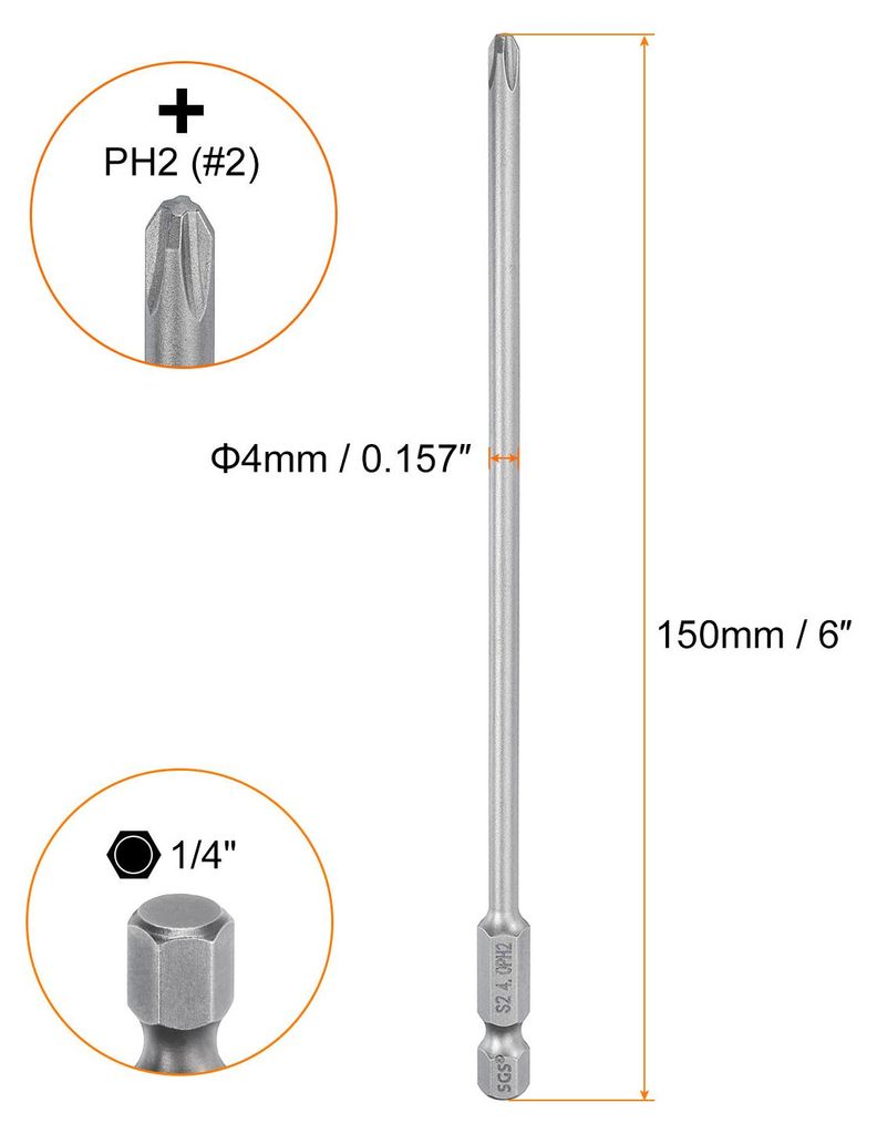 PH2 Phillips Schraubendreher Bit Set mit 1/4" Sechskantschaft, 4mm Stab 150mm Lang Magnetische Kreuzkopf Bitsatz S2 Stahl Bohrer Elektrowerkzeug f...