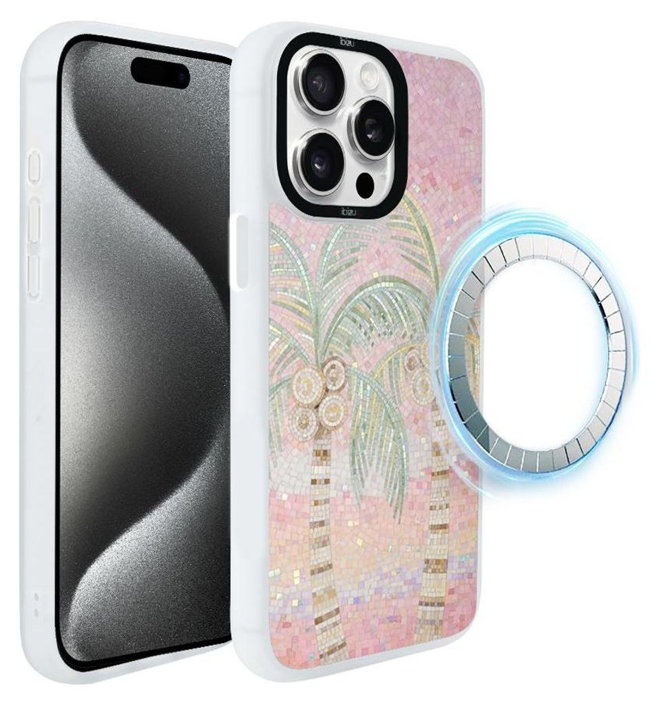 Schutzhülle für das iPhone 15 Pro Max, MagSafe-kompatibel, mattweiße Seiten, Palmen, Pastelltöne, Mosaik