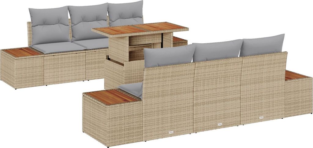 Möbel 7-teiliges Garten-Dining-Set mit Kissen Beige Poly Rattan Akazie - Gartensofas 3350032