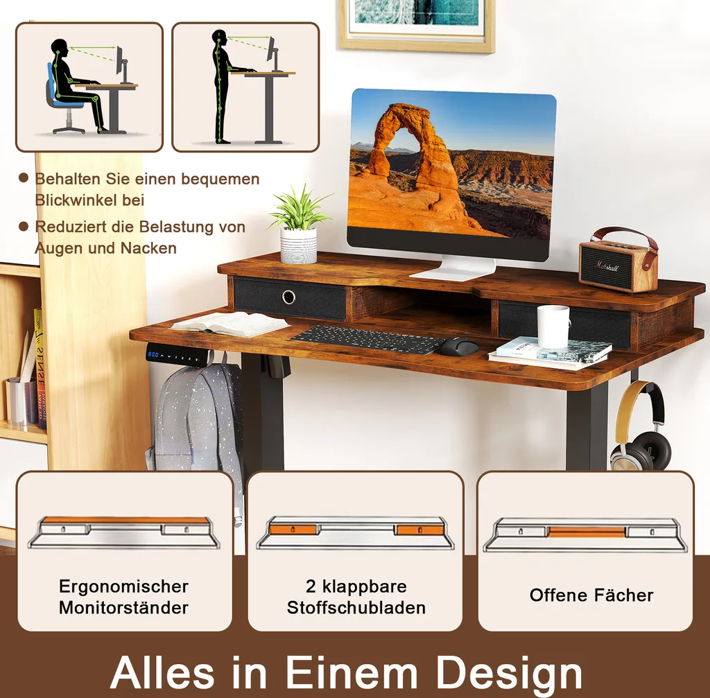 Table d'ordinateur électrique réglable avec support écran et deux tiroirs - 7