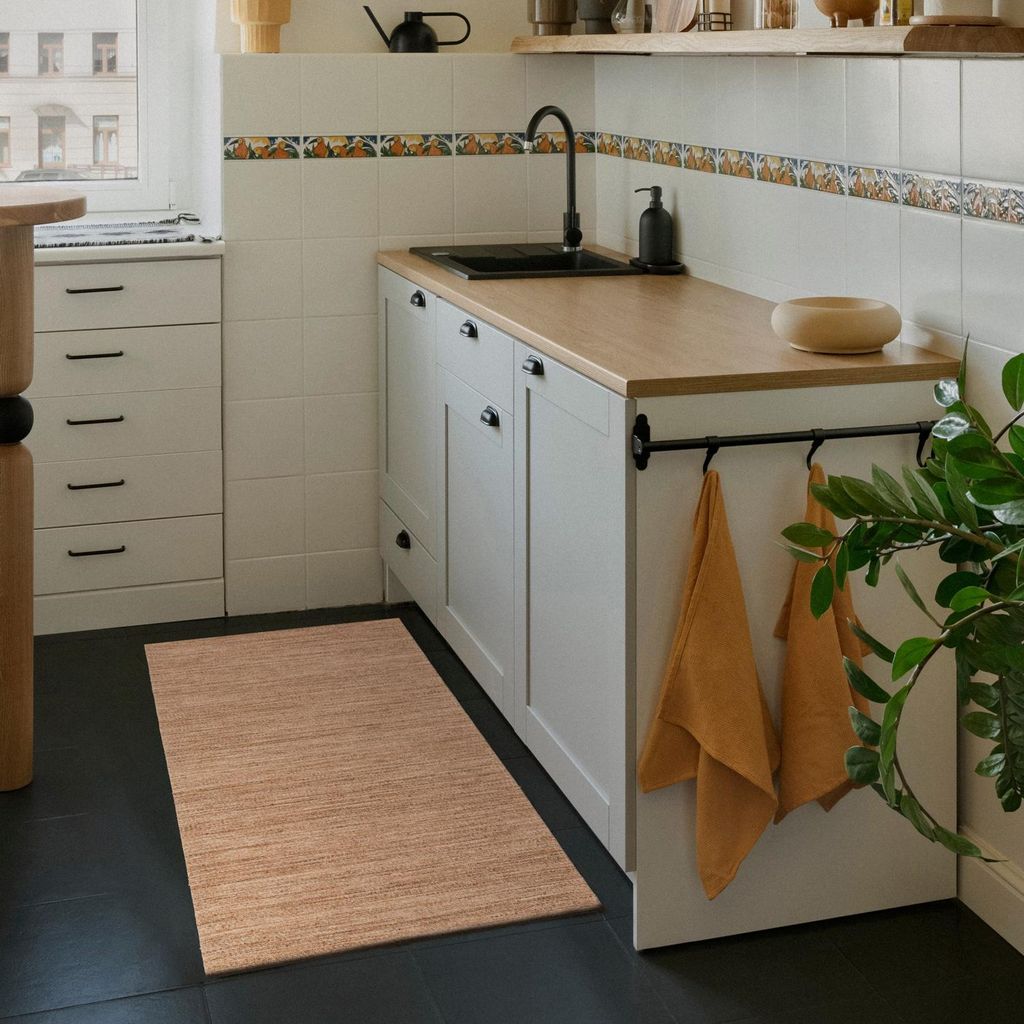 Teppichläufer - 55x85 cm - Beige - Waschbar - Rutschfest - Küchenteppich - SIENA - Flur Teppich - Badezimmerteppich