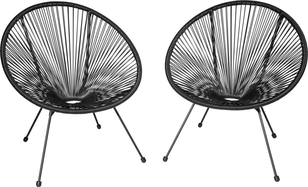Two black Acapulco-style chairs on a white background.