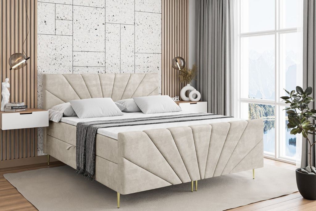 ALTDECOR Boxspringbett mit Gold Füßen, Matratze und Lattenrost, Topper, Fußteil, Polsterbett mit Bettkasten, Bett mit Stauraum H4-Matratze, Dopp...