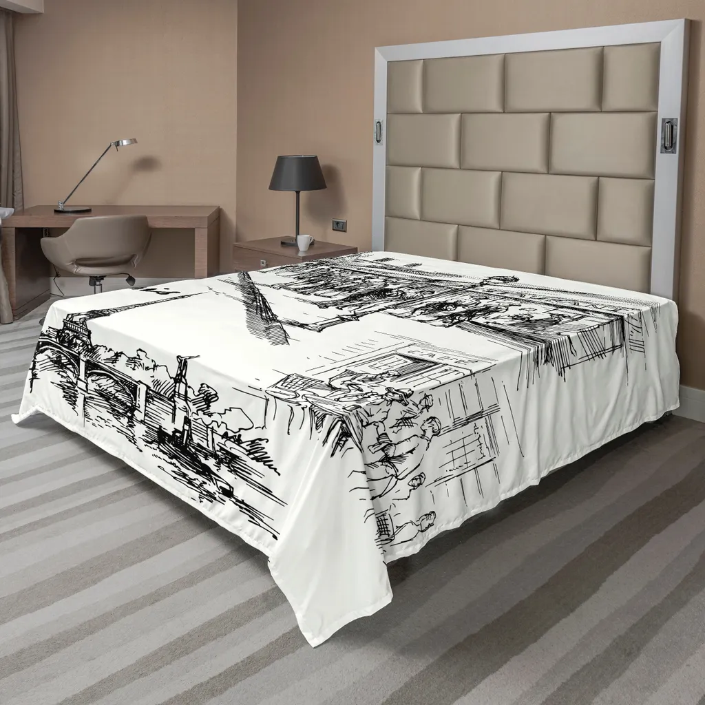 Drap de lit imprimé croquis de Paris style rétro pour grand lit double