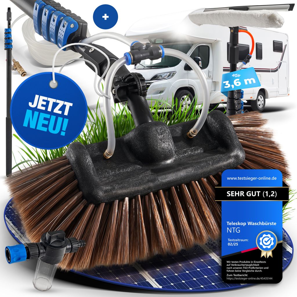 NTG Teleskopwaschbürste Pro bis 3,6m mit weichen Borsten und Fensterabzieher zur Reinigung von Autos, Solaranlagen und Fenstern in 3,6 Meter Ausf...