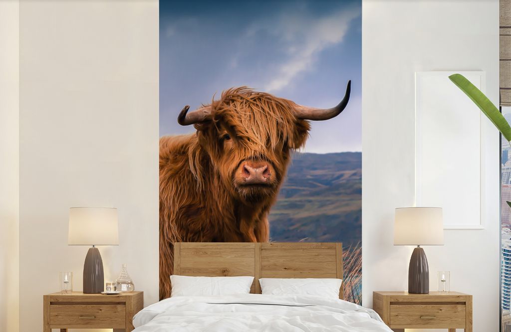 MuchoWow Fototapete für Wohnzimmer oder Schlafzimmer Wandtapete Vinyl Motivtapete Schottischer Highlander - Berg - Wasser - Natur - Kuh - 120x24...