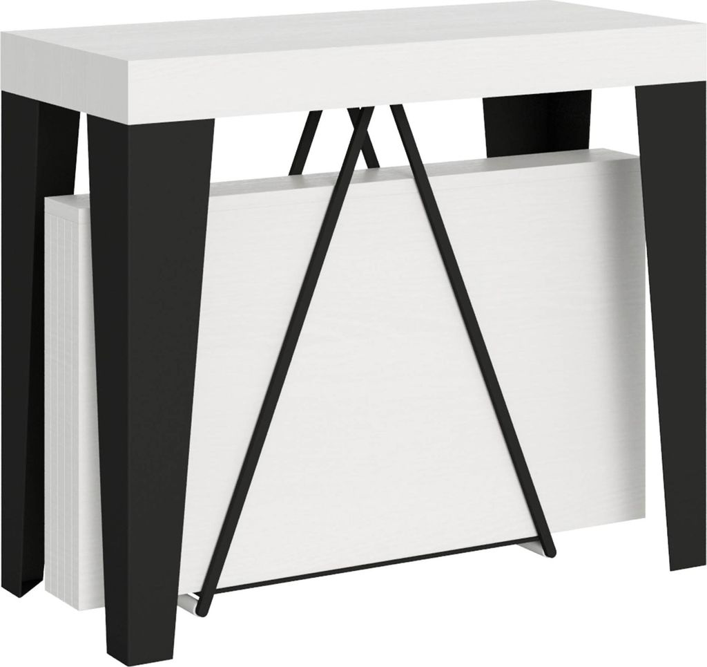 ITYHOME - Ausziehbarer Konsolentisch 90x40/300 cm Algo Esche weiß mit Eisenrahmen aus Anthrazit