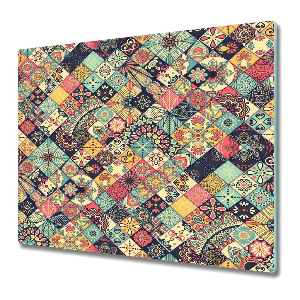 Küchenteller - Schneidebrett Glas - Herdabdeckung -Blumen rosa und blau