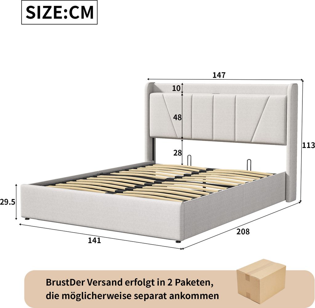 Fortuna Lai Polsterbett 140x200cm mit USB, Jugendbett Produktbild 4