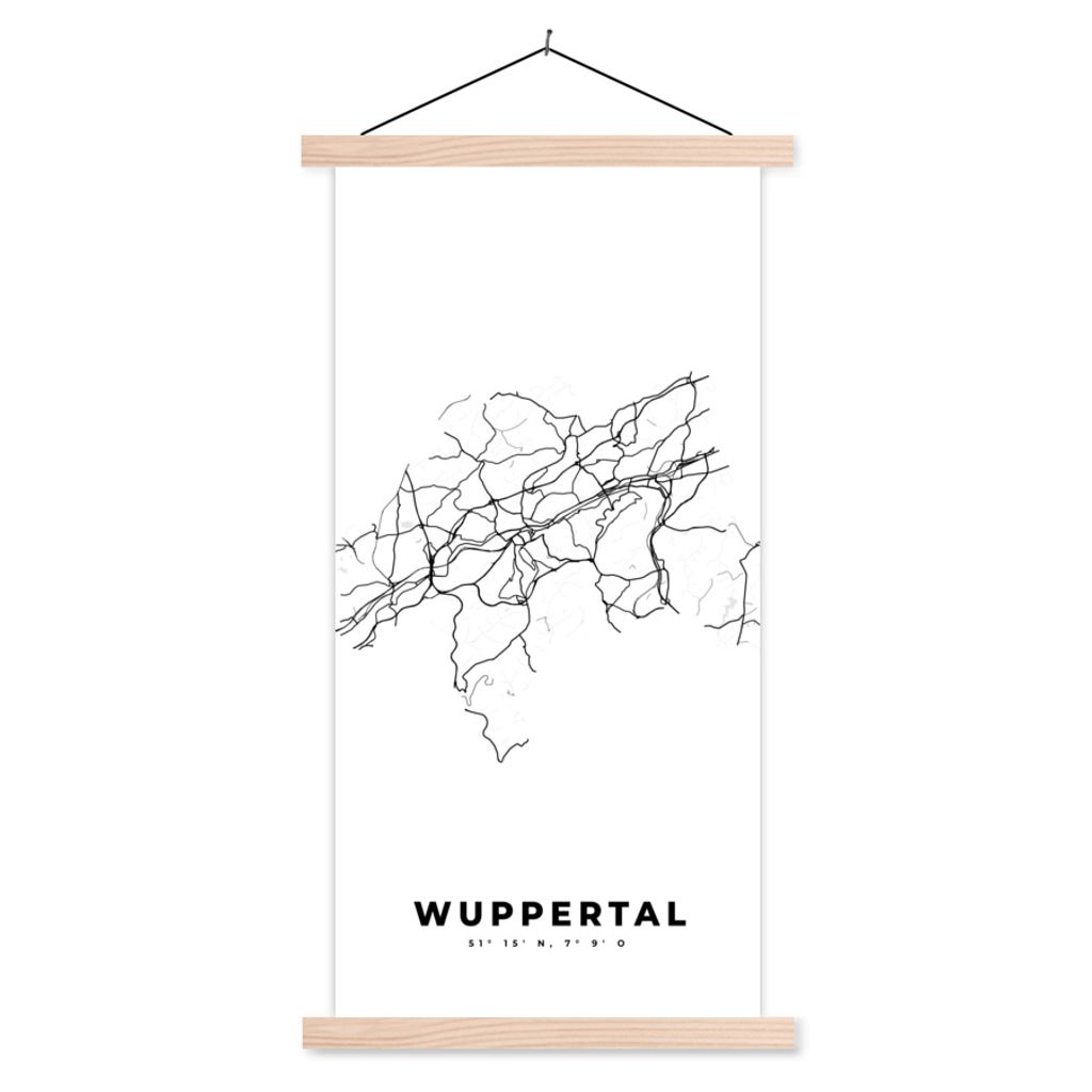 MuchoWow Textilposter Deutschland - Wuppertal - Stadtplan - Karte - Schwarz-Weiß - Karte 40x80 cm mit holzfarbenen Rahmen - Wohnzimmer