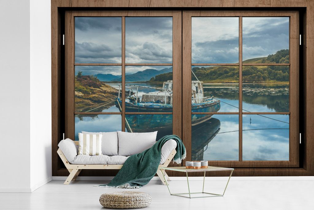 MuchoWow Fototapete für Wohnzimmer oder Schlafzimmer Wandtapete Vinyl Motivtapete Aussicht - Boot - Wasser - 450x300 cm - Gemusterte