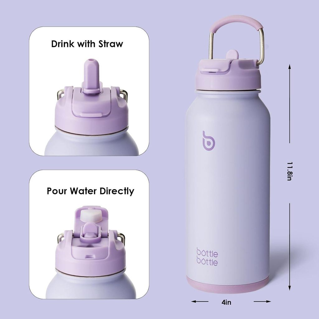 Edelstahl Trinkflasche 1L Mit Strohhalm & Pillenfach - Isolierflasche Sport BPA-frei Doppelwandig