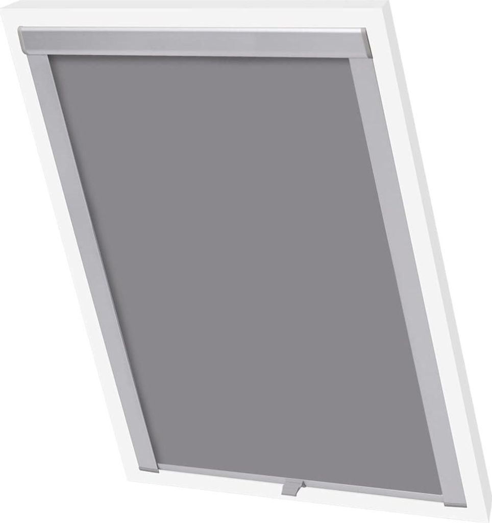 A close-up view of a gray roller blind installed in a slanted window frame.