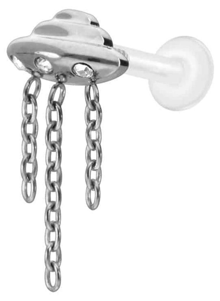 Ohrpiercing, Nasenpiercing PTFE Labret mit Innengewinde + Titan-Aufsatz UFO + KETTEN + KRISTALLE Silber Stablänge: 10mm | Stabstärke: 1,6mm