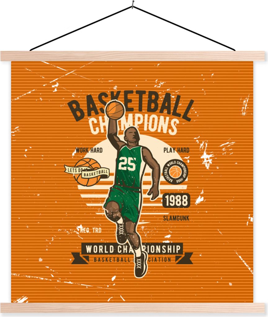MuchoWow Textilposter Mancave - Basketball - Männer - Vintage 40x40 cm mit holzfarbenen Rahmen - Posterleiste